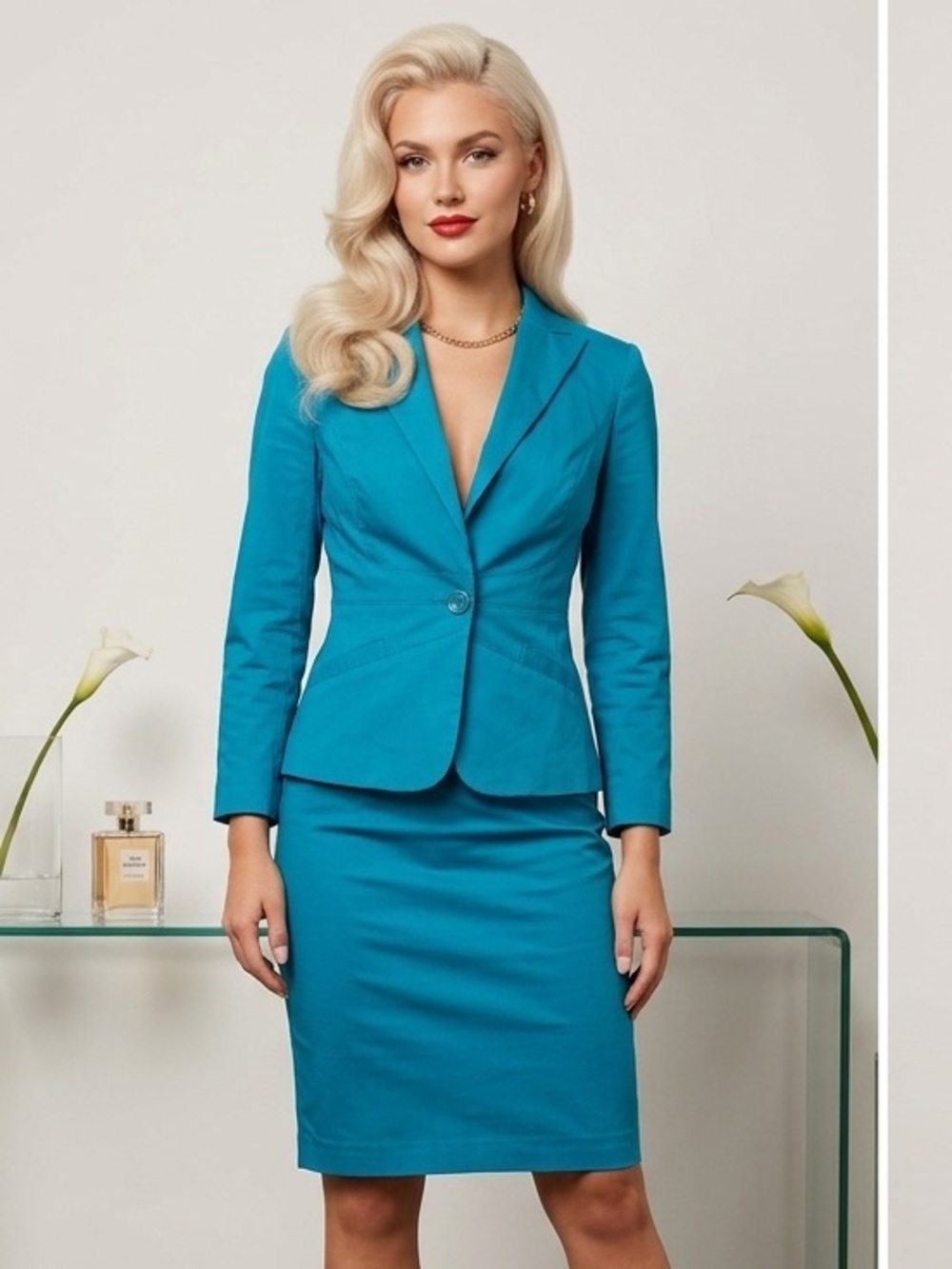 Bebe Women's 2 Blazer Jacket 4 Skirt Turquoise Blue Cotton Stretch Skirt Suit